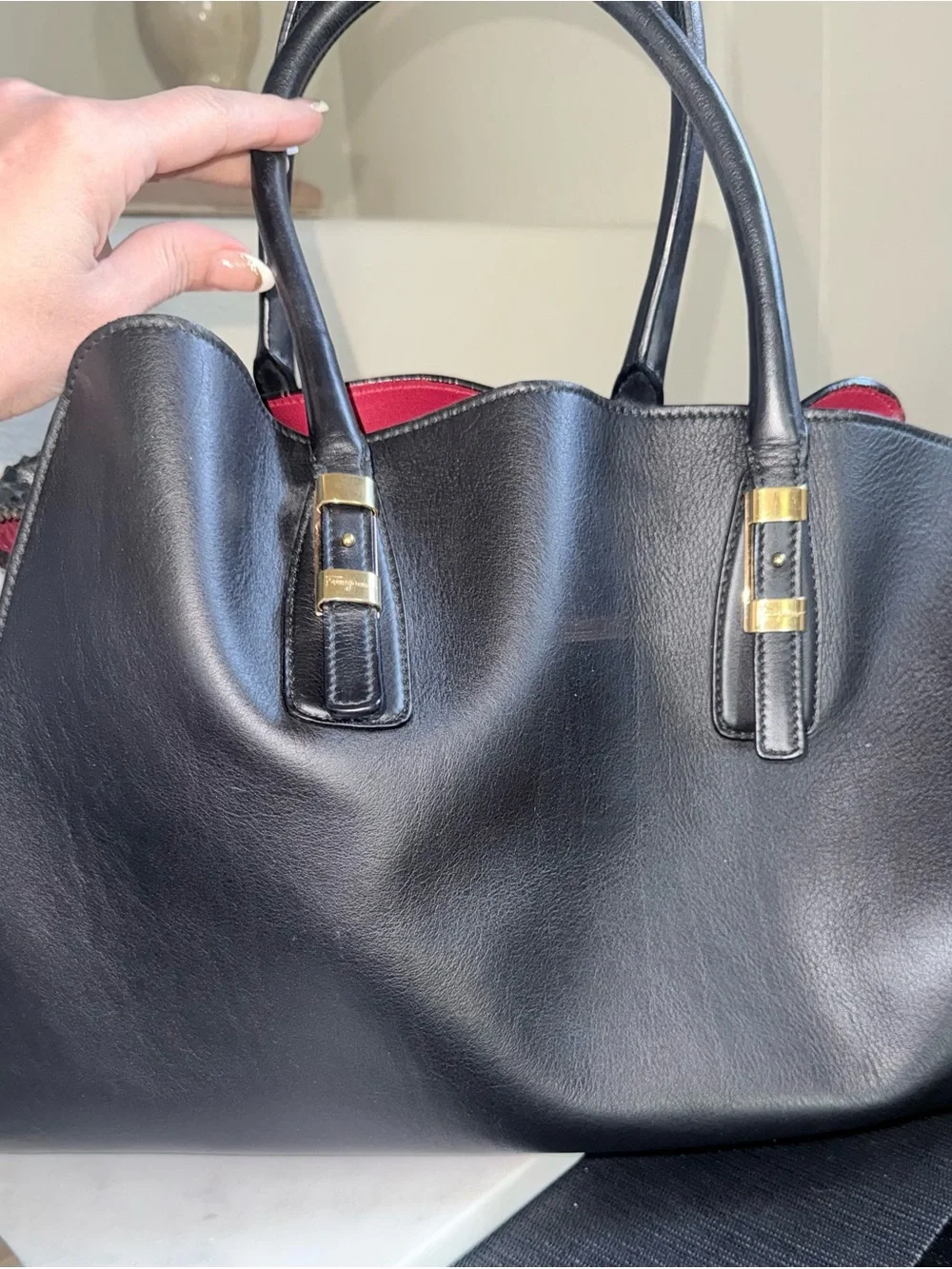 Authentic Salvatore Ferragamo Vintage Black Embossed Leather Large Bag
